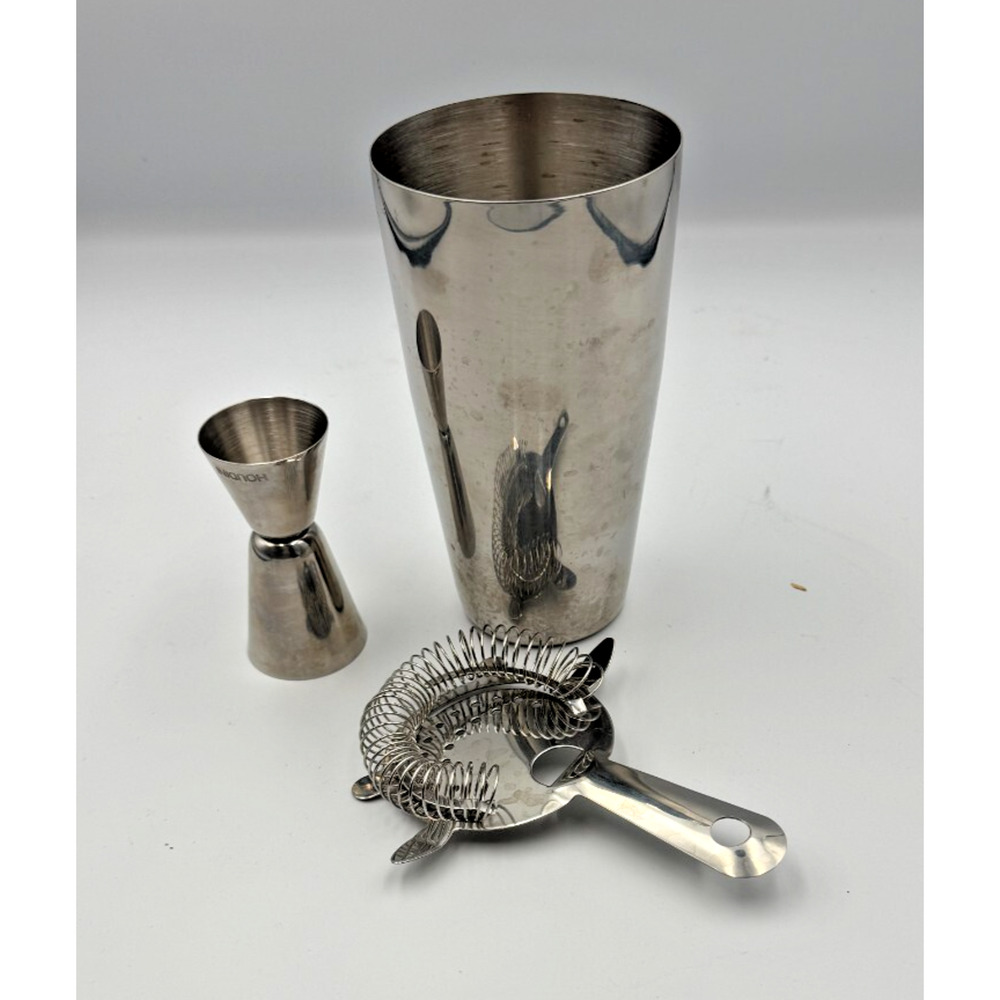 3-Piece Stainless Steel Bartender Set – Boston Shaker, Jigger, Hawthorne Straine